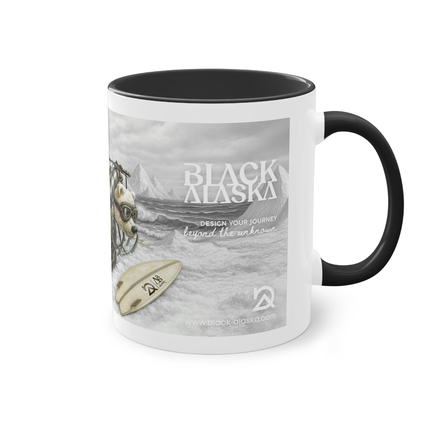 mug with snow and black alaska text